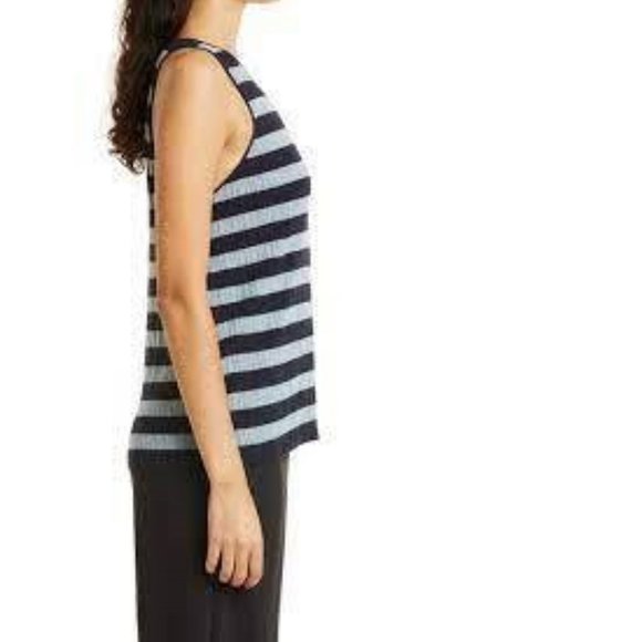 THEORY Classic Stripe Wool Knit Tank in Deep Navy/Eggshell Blue, Medium - Picture 4 of 13
